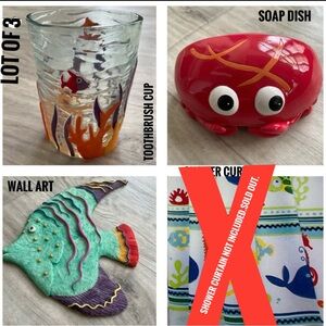 Lot of 3 NWOT Sea ocean underwater fish bath: soap dish, cup, wall art like new